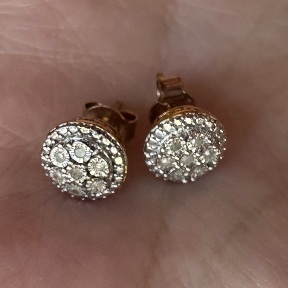 Authentic Effy Jewelry Two Tone Sterling silver & Gold Diamond Stud Earrings - Picture 2 of 8